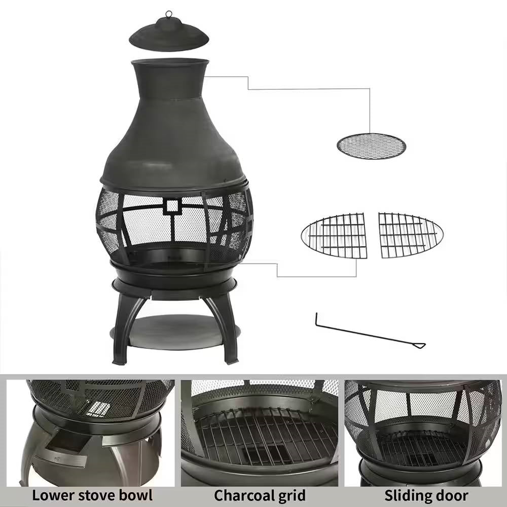 45-inch Black Cast Iron and Steel Outdoor Fire Pit Chimenea - Tampa Home & Garden Store
