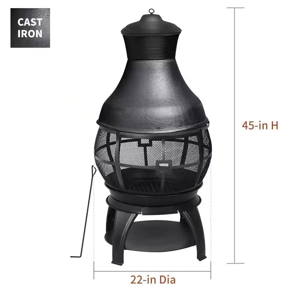 45-inch Black Cast Iron and Steel Outdoor Fire Pit Chimenea - Tampa Home & Garden Store