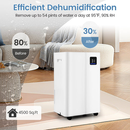 4500 Sq.Ft 54 Pints Dehumidifier with 3 Modesfor Home and Basement-White - Tampa Home & Garden Store