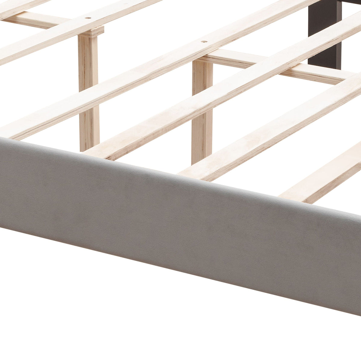 Queen platform bed frame in gray upholstered finish with exposed wood slats and supports on Tampa Home & Garden Store