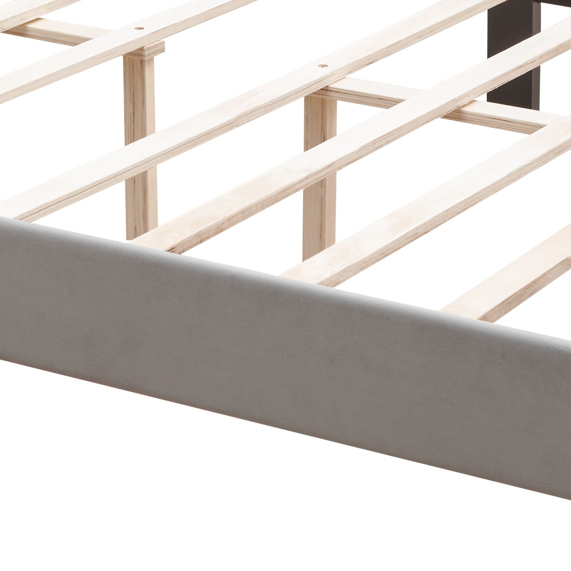 Queen platform bed frame in gray upholstered finish with exposed wood slats and supports on Tampa Home & Garden Store