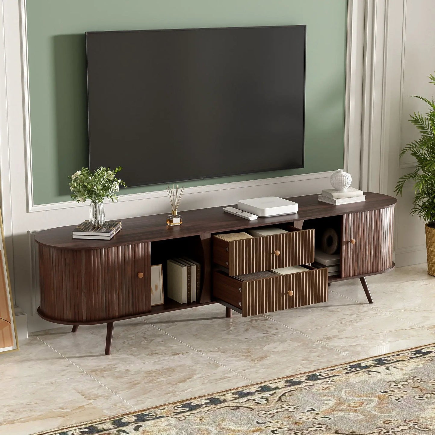 70-inch TV stand with tambour doors and fluted drawers in dark brown by Unique Piece Furniture on Tampa Home & Garden Store