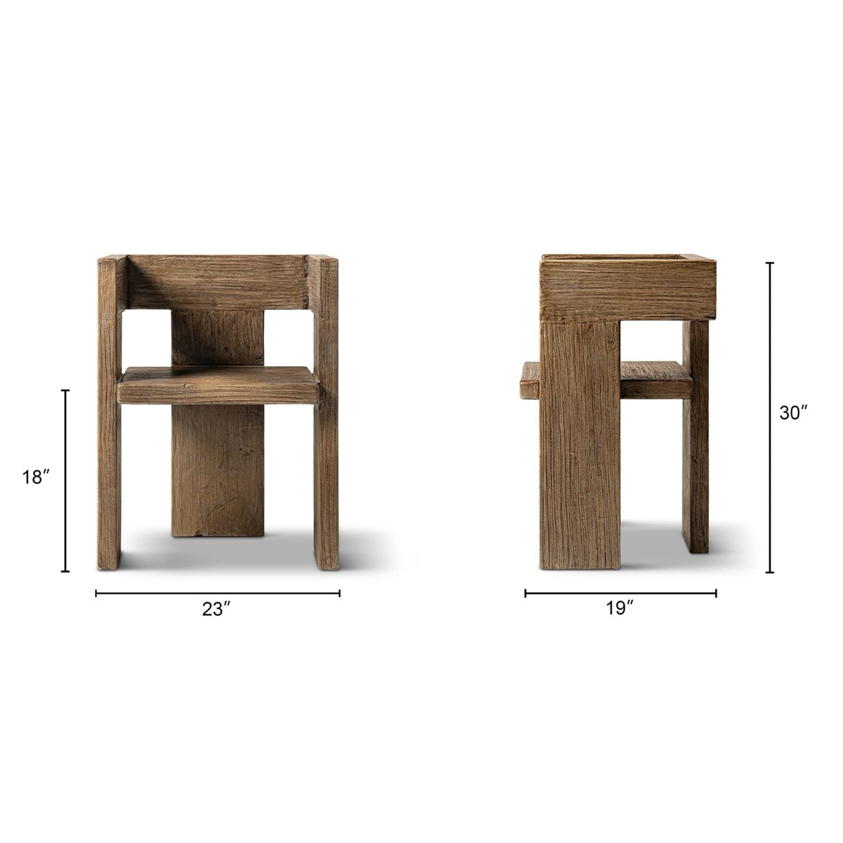 Sculptural Block Accent Chair in reclaimed elm brown, pair shown on Tampa Home & Garden Store