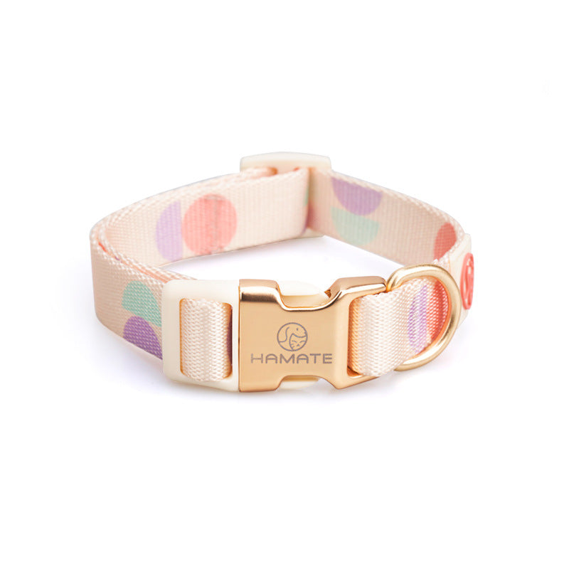Dog chest strap harness with pastel polka dot nylon strap and gold HAMATE buckle on Tampa Home & Garden Store