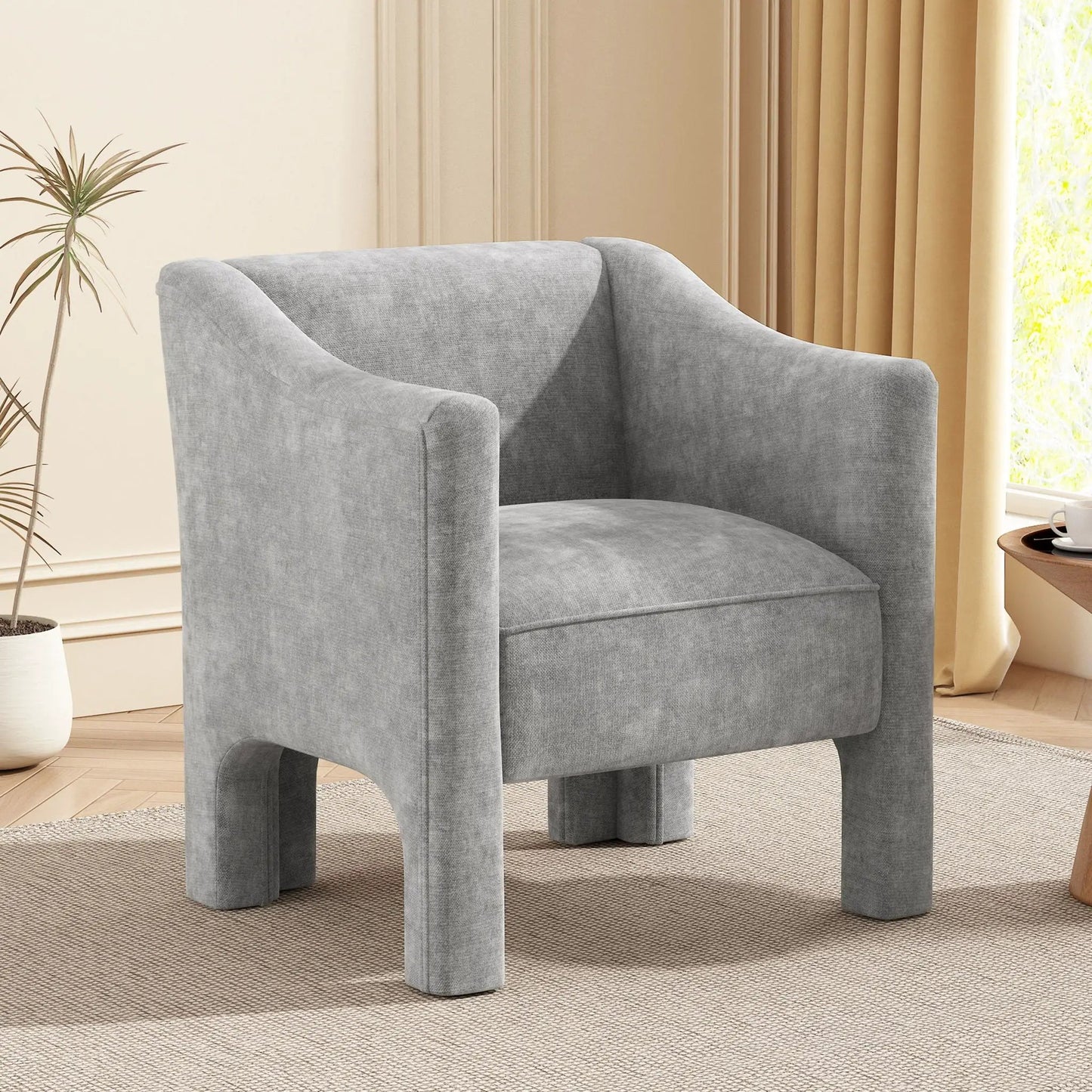 Pair of gray barrel accent chairs with enclosed arms in fabric upholstery on Tampa Home & Garden Store