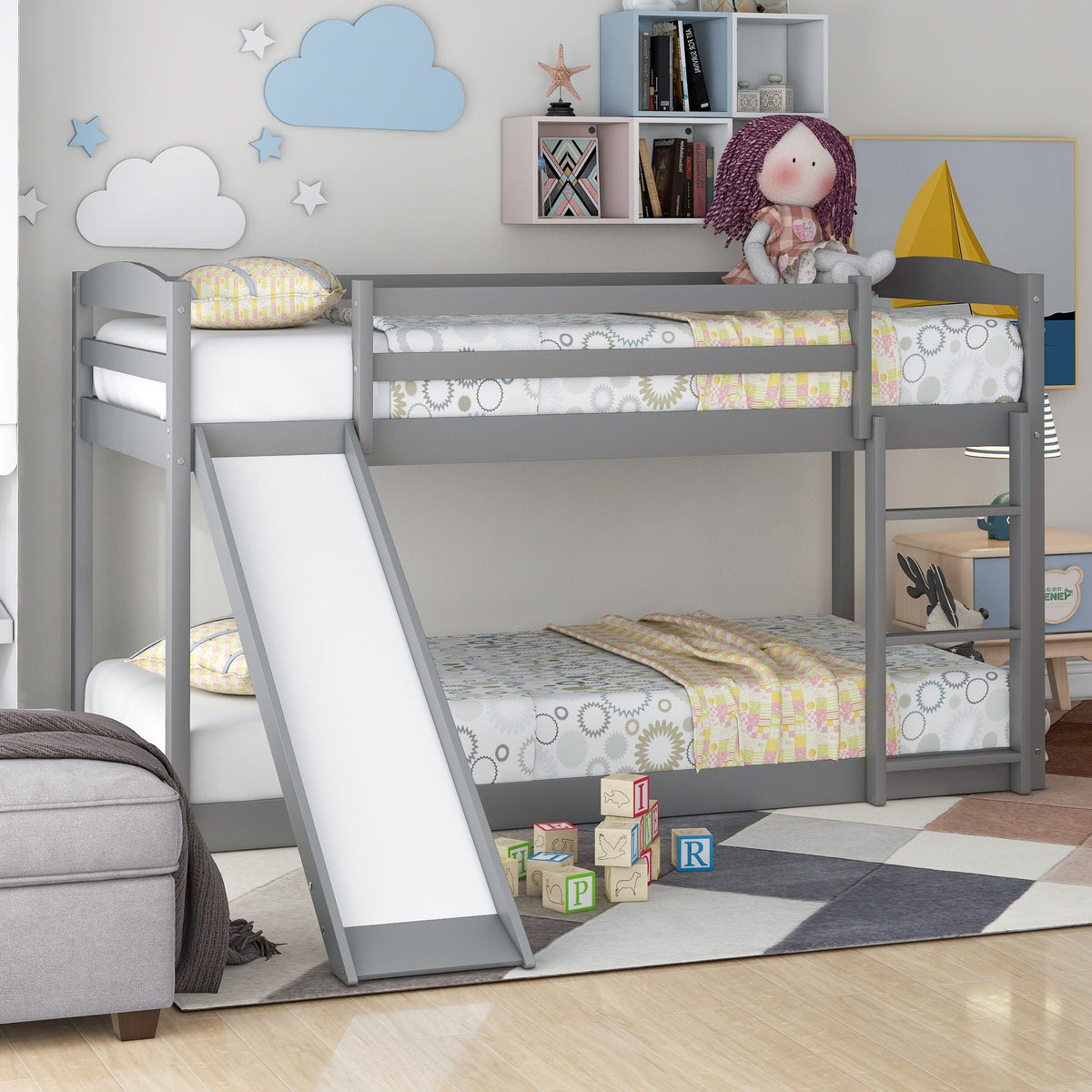 Durable bunk bed with slide and ladder in gray metal frame HouseOfZazla on Tampa Home & Garden Store
