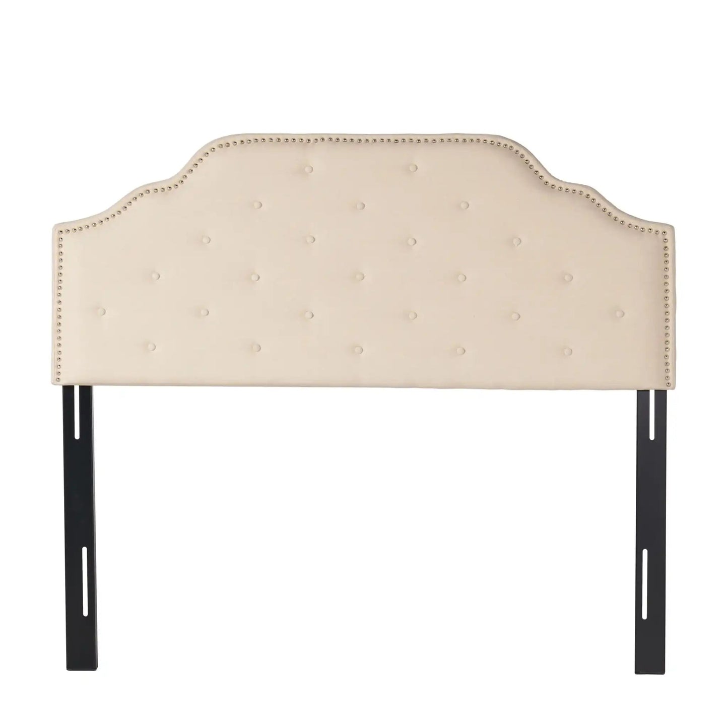 Luella Button Tufted Upholstered Headboard in ivory fabric with nailhead trim, black metal legs on Tampa Home & Garden Store
