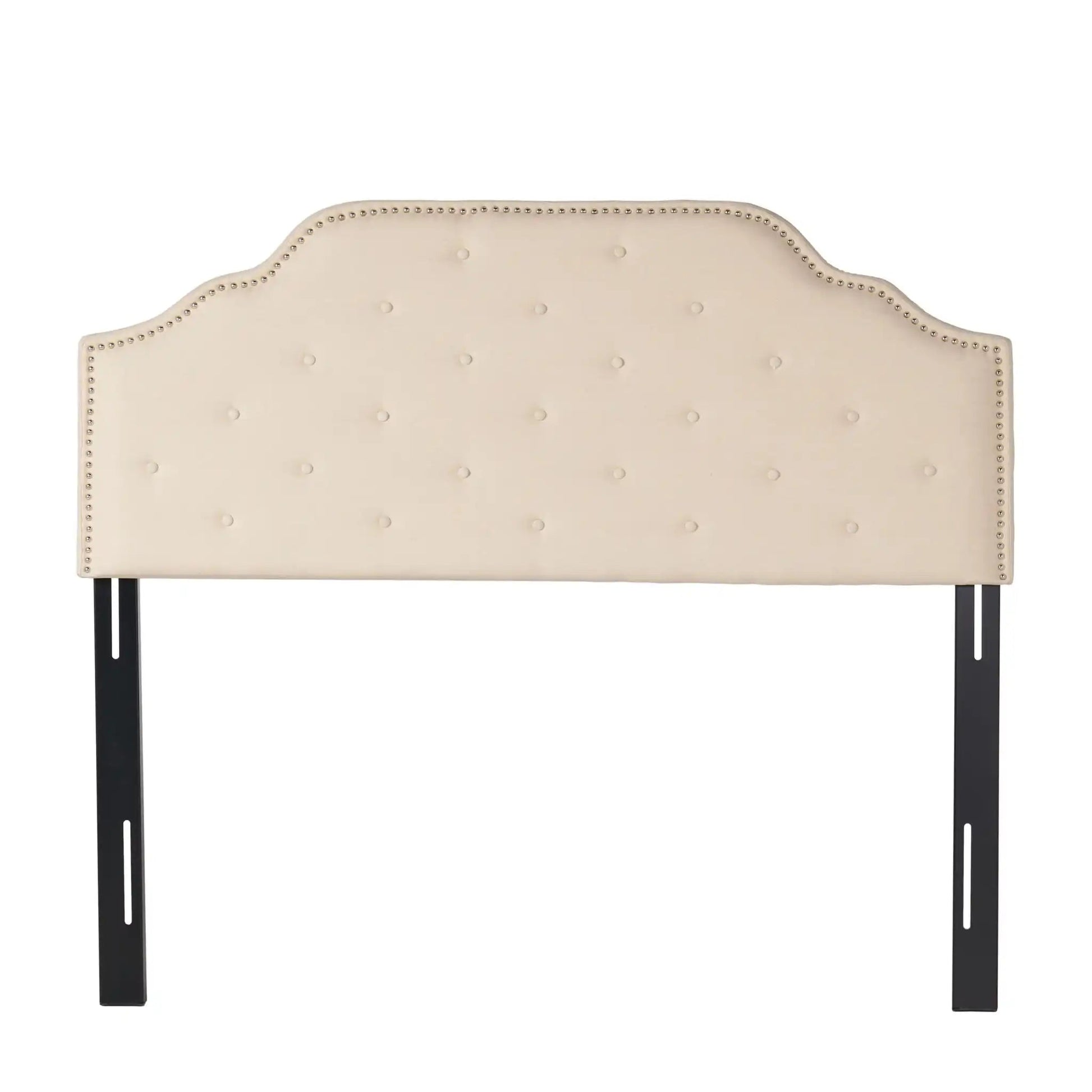 Luella Button Tufted Upholstered Headboard in ivory fabric with nailhead trim, black metal legs on Tampa Home & Garden Store