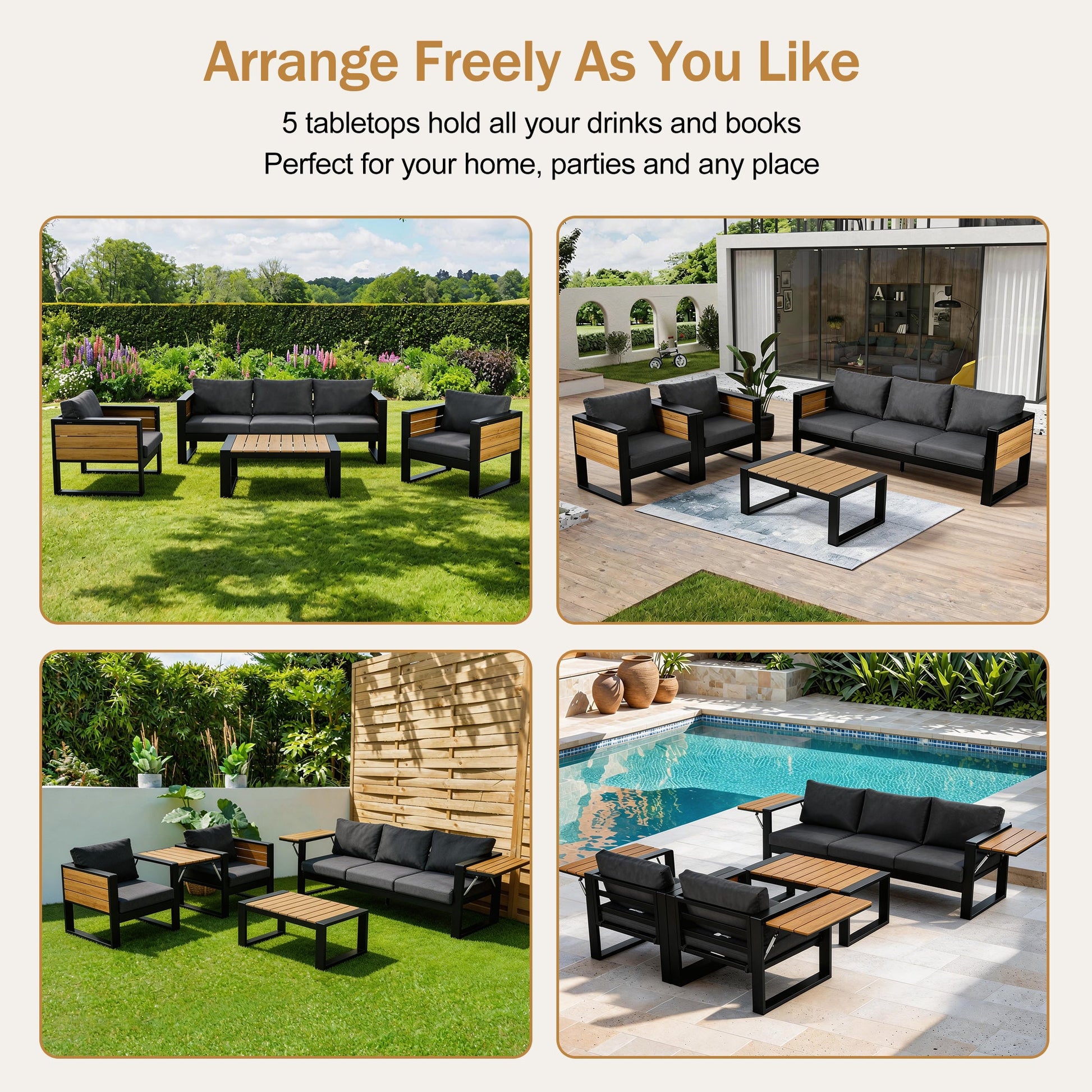 Aluminum frame 4-piece patio furniture set for 5 with black cushions, 2-set HouseOfZazla on Tampa Home & Garden Store