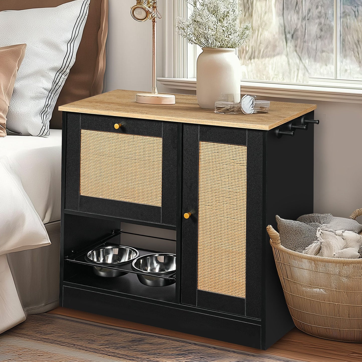 Feeding Station with 2 Lockers and Elevated Bowls Black, black wood frame with cane-panel doors on Tampa Home & Garden Store