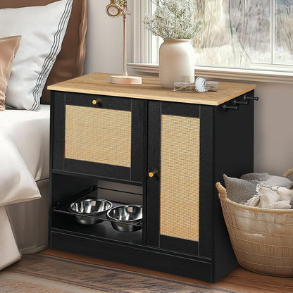 Feeding Station with 2 Lockers and Elevated Bowls Black, black wood frame with cane-panel doors on Tampa Home & Garden Store