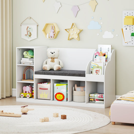 Kids Bookcase with Reading Nook 3-in-1 Standing Toy Organizer-White - Tampa Home & Garden Store