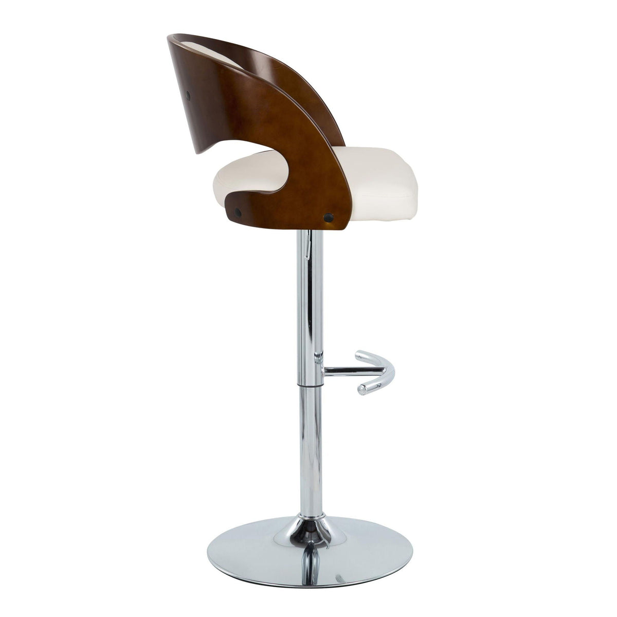 Mid-Century Modern adjustable barstool with swivel, chrome base, cherry wood back, white cushion on Tampa Home & Garden Store