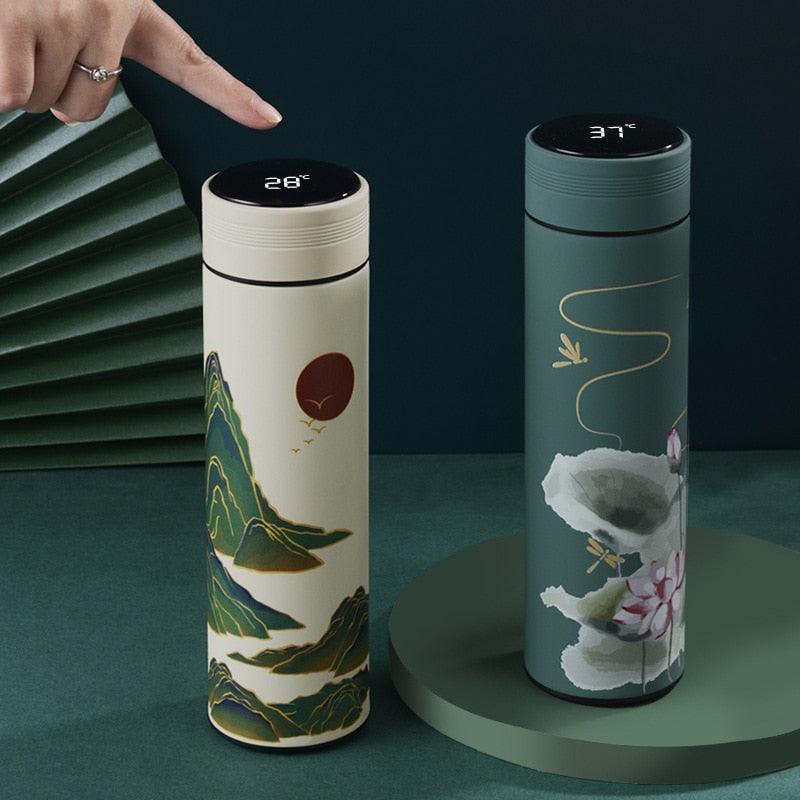 Stevvex 450ml intelligent thermos bottle set of two with cream mountains and teal florals on Tampa Home & Garden Store
