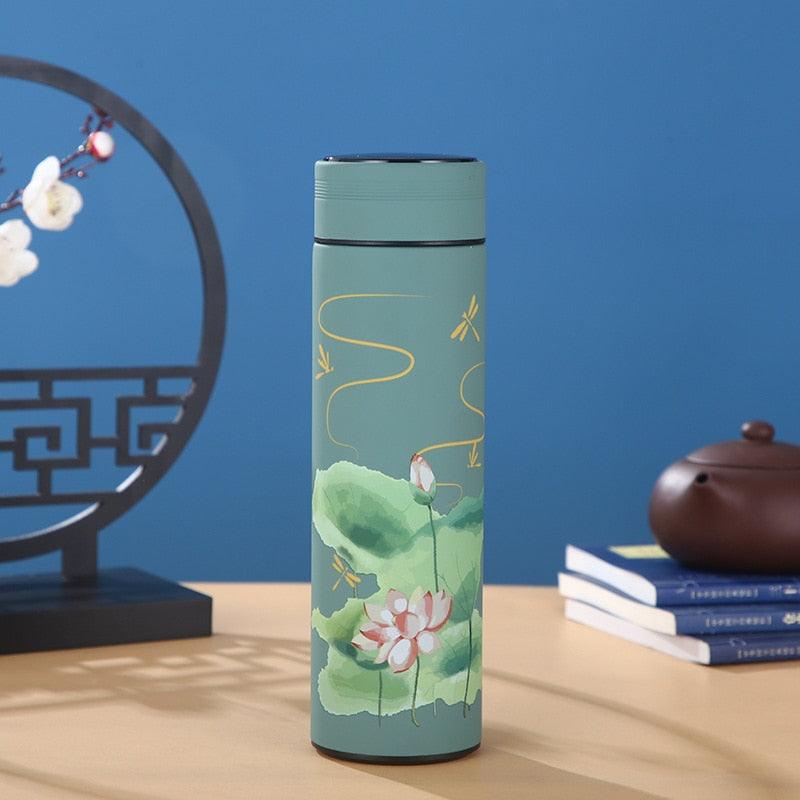 450ml Stevvex thermos bottle with teal lotus pond design, stainless steel vacuum insulated on Tampa Home & Garden Store