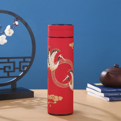 Stevvex 450ml red stainless steel thermos bottle with gold crane motif on Tampa Home & Garden Store