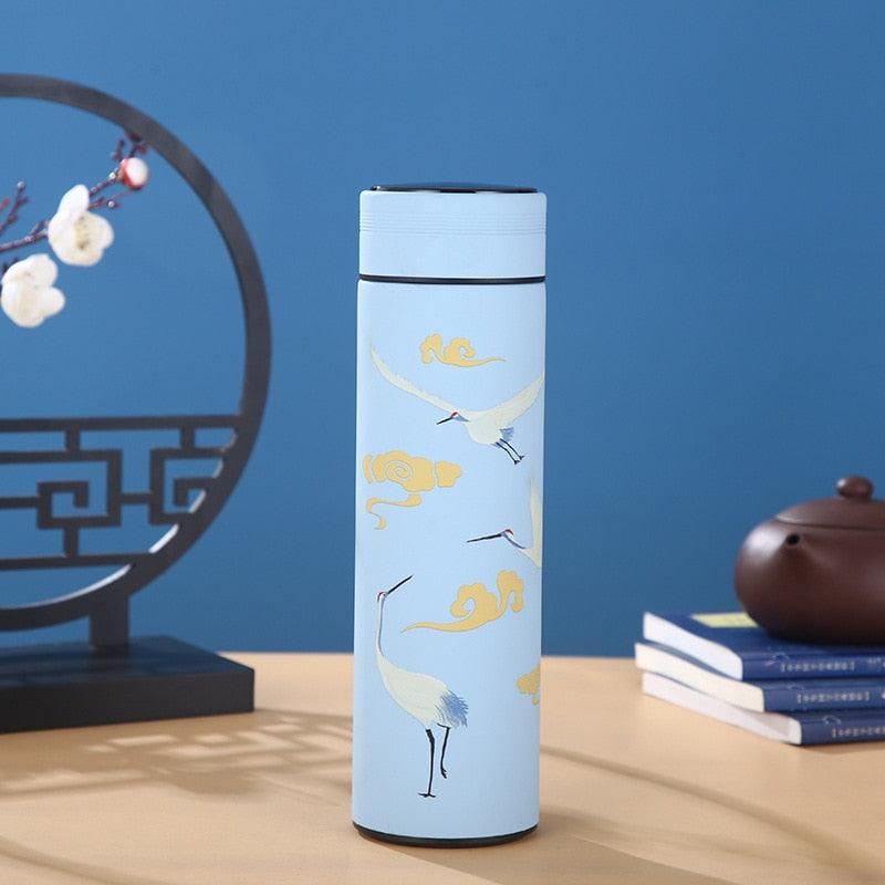 Stevvex 450ml thermos bottle with crane motif on light blue stainless steel vacuum insulated on Tampa Home & Garden Store