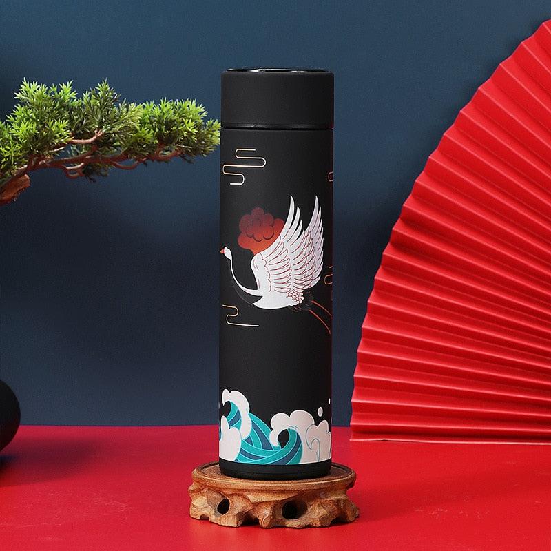 Stevvex 450ml stainless steel thermos bottle with crane and wave art, vacuum insulated on Tampa Home & Garden Store