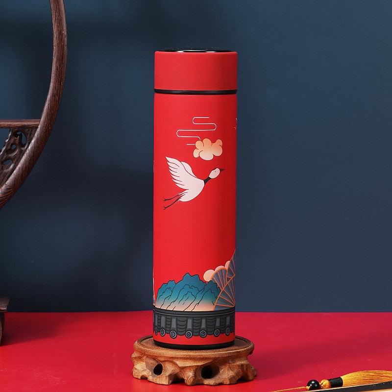 Stevvex 450ml stainless steel thermos red with crane motif and mountain design insulated on Tampa Home & Garden Store