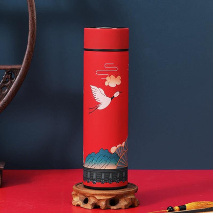 Stevvex 450ml stainless steel thermos red with crane motif and mountain design insulated on Tampa Home & Garden Store