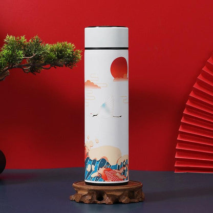 Stevvex 450ml stainless steel thermos bottle white body with koi fish and wave art on Tampa Home & Garden Store