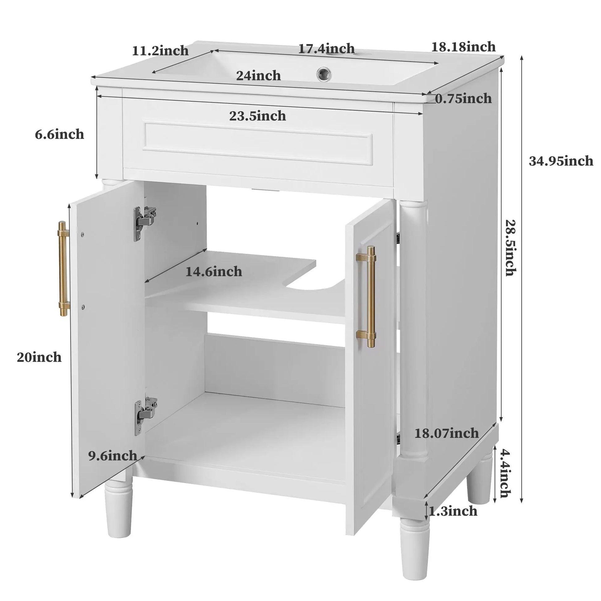 Bathroom vanity with integrated sink, white finish, 2-door cabinet, compact design on Tampa Home & Garden Store