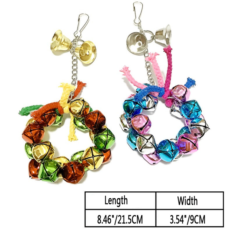 Parrot nibble toy two-piece set with colorful bell charms on silver clips, rainbow bells on Tampa Home & Garden Store