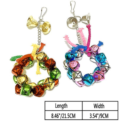 Parrot nibble toy two-piece set with colorful bell charms on silver clips, rainbow bells on Tampa Home & Garden Store