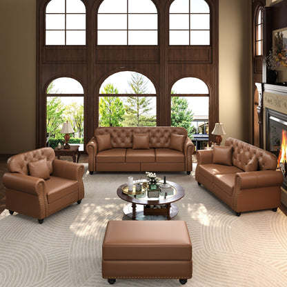 Upholstered Sofa with Nailhead and Ottoman