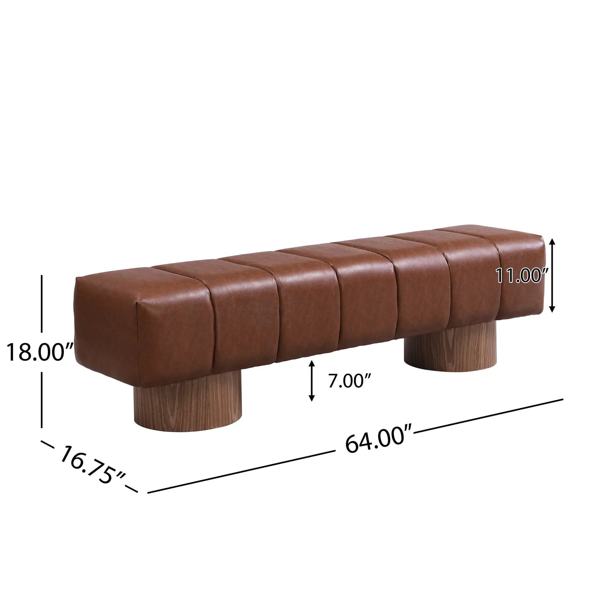 Upholstered dining bench in brown leather with tufted cushion and cylindrical wood legs on Tampa Home & Garden Store