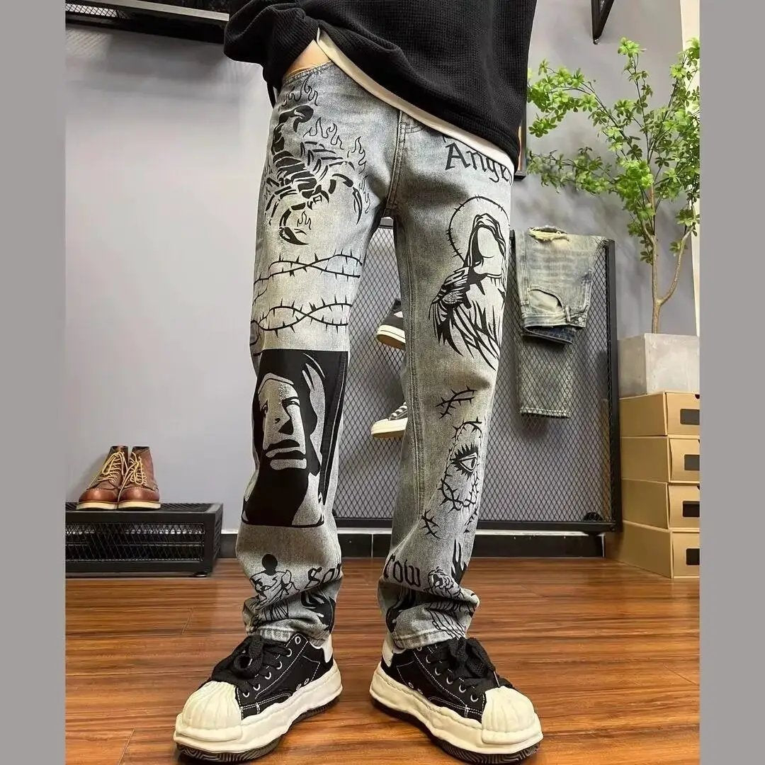 Retro blue skinny jeans by FLIPSTYLEZLLC with black graffiti prints and barbed wire on denim on Tampa Home & Garden Store