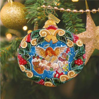 Ornament Angel's Gift Wreath by G. DeBrekht, Nativity with angel and holly border on Tampa Home & Garden Store