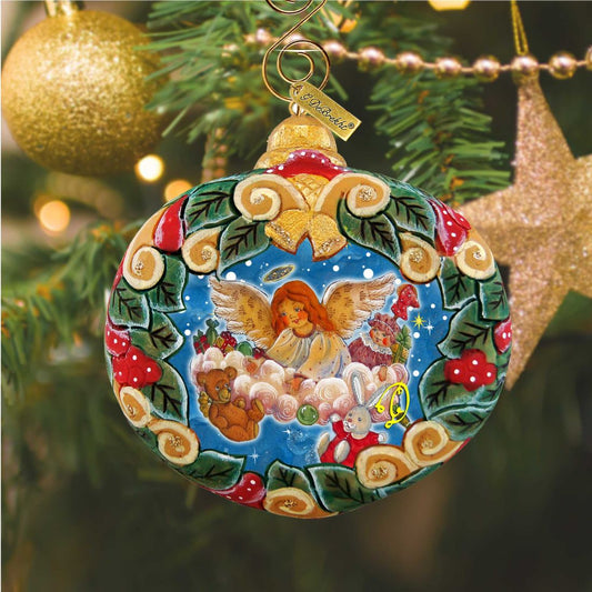 Ornament Angel's Gift Wreath by G. DeBrekht, Nativity with angel and holly border on Tampa Home & Garden Store