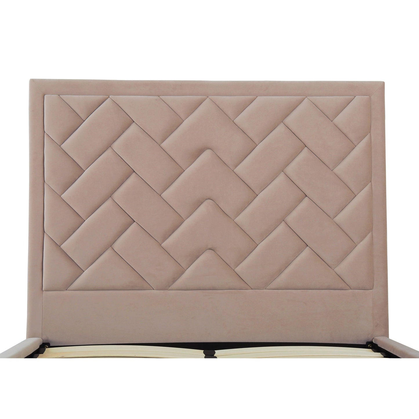 Crosby bed with beige diamond-tufted upholstered headboard and slats by HouseOfZazla on Tampa Home & Garden Store