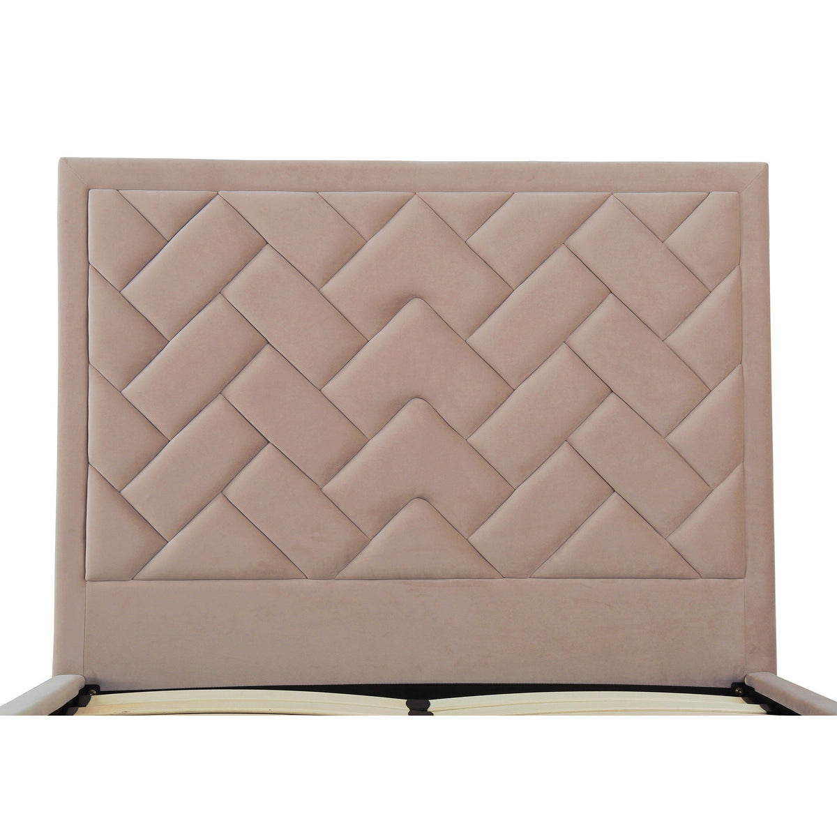 Crosby bed with beige diamond-tufted upholstered headboard and slats by HouseOfZazla on Tampa Home & Garden Store