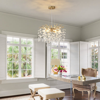 6-light crystal chandelier with gold finish and hanging crystal drops on Tampa Home & Garden Store