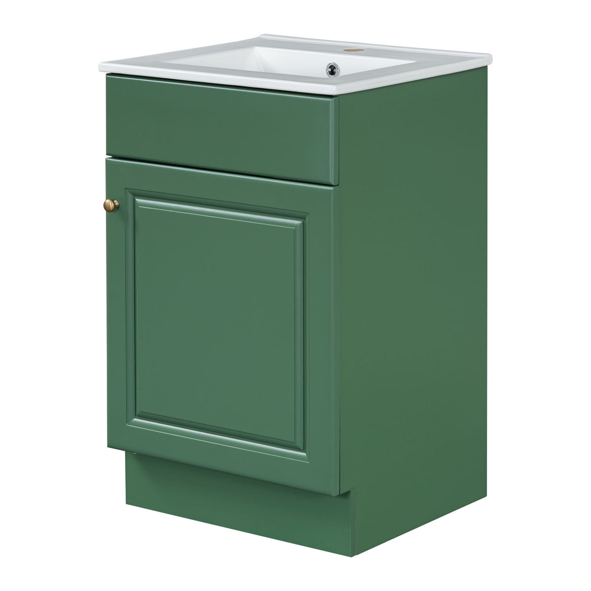 Bathroom vanity with white sink atop a green cabinet featuring brass knob hardware HouseOfZazla on Tampa Home & Garden Store