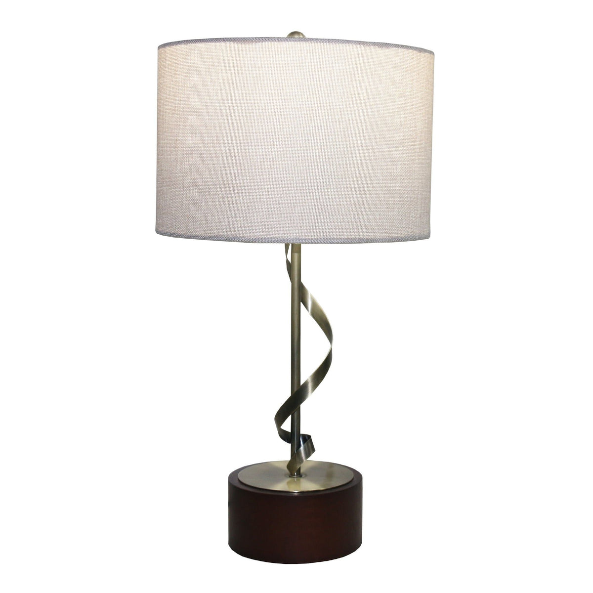 Nightstand lamp with twisted metal stem over dark wood base and white textured shade on Tampa Home & Garden Store