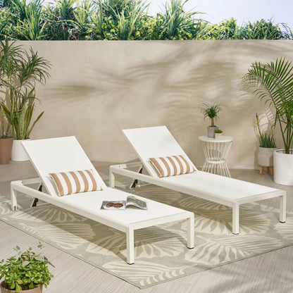 Outdoor Patio Chaise Lounge with 5 reclining positions, white frame, striped cushions on Tampa Home & Garden Store