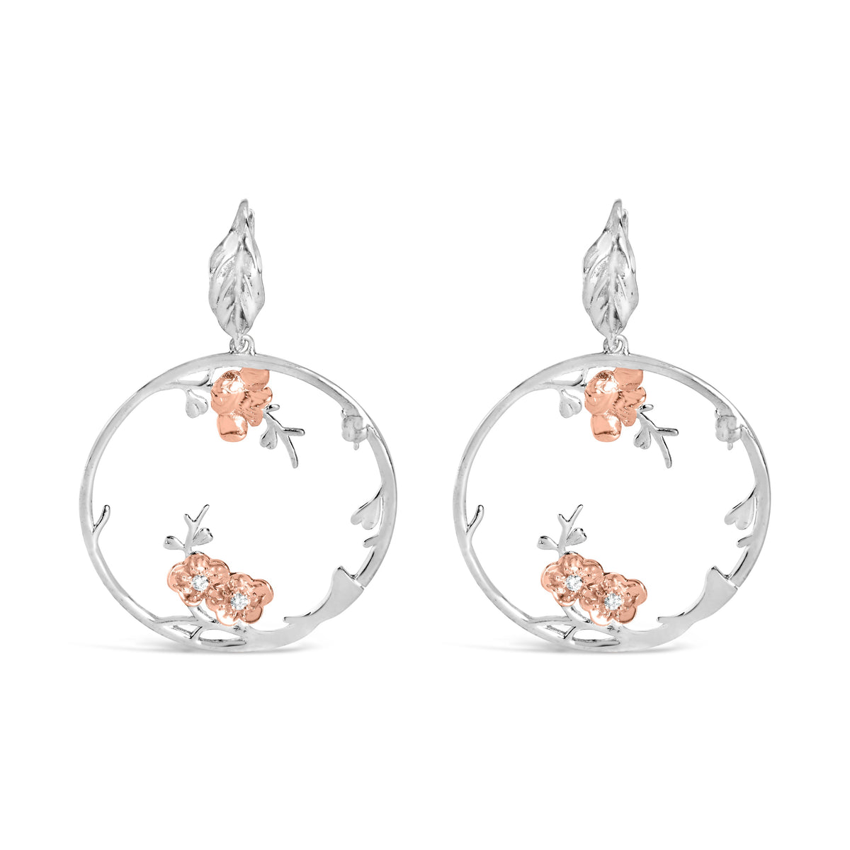 Rose gold plated .925 silver floral hoop earrings 1/10ct diamonds I-J SI1-SI2 by Bids.com on Tampa Home & Garden Store