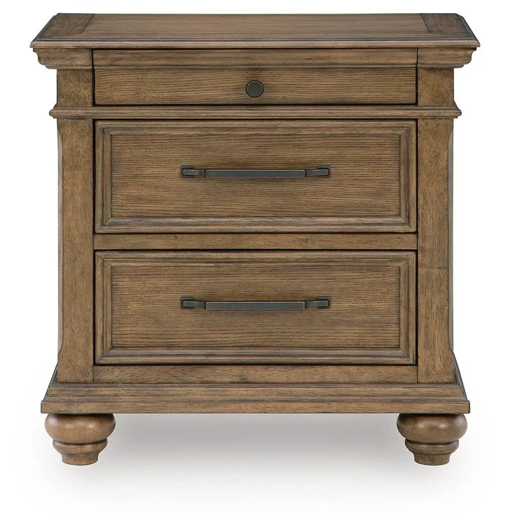 Karallin Three-Drawer Night Stand in medium brown wood with top drawer and two lower drawers on Tampa Home & Garden Store