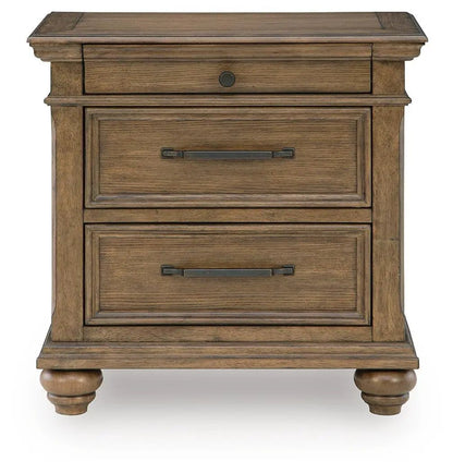 Karallin Three-Drawer Night Stand in medium brown wood with top drawer and two lower drawers on Tampa Home & Garden Store