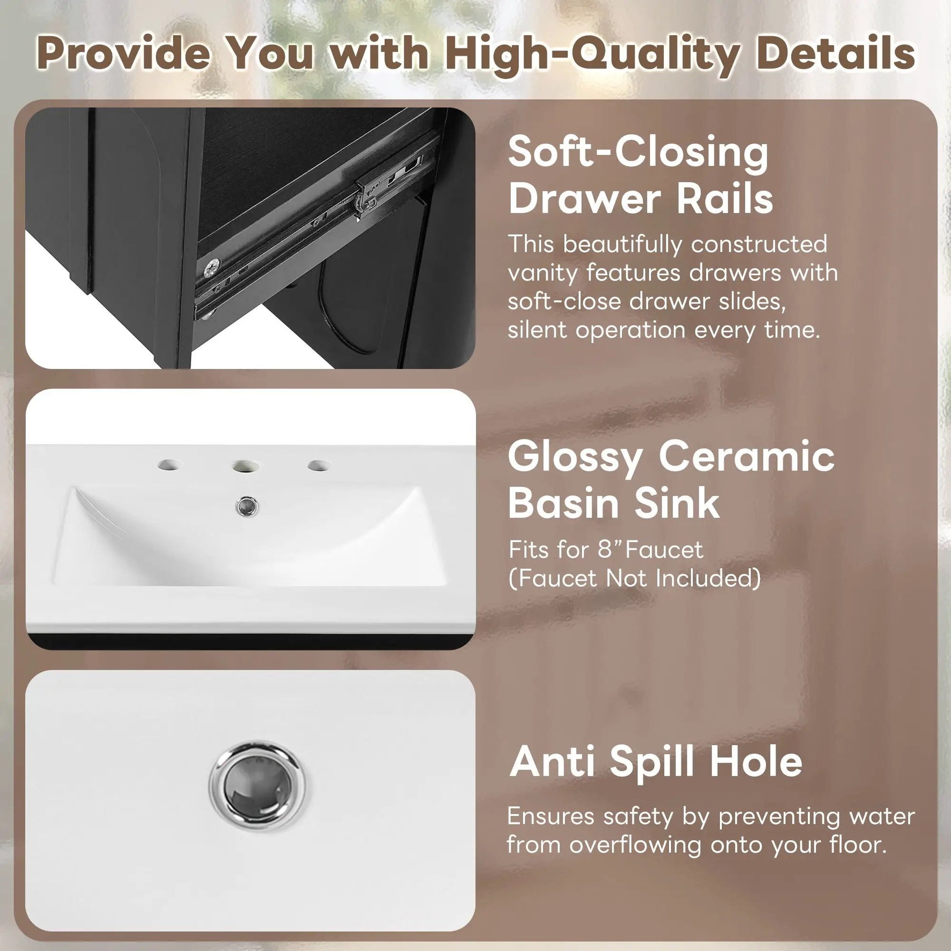 Floating black bathroom vanity drawer with soft-close rails on Tampa Home & Garden Store