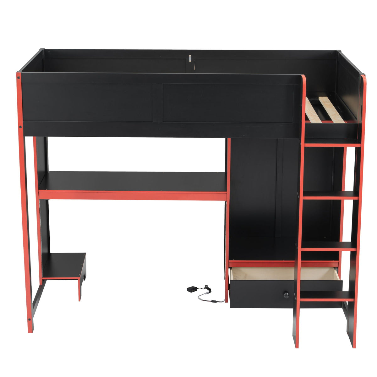 Gaming loft bed by HouseOfZazla with desk, wardrobe and drawer black with red frame on Tampa Home & Garden Store