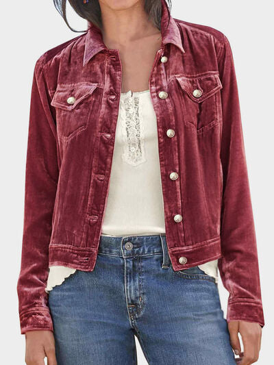 Stevvex velvet trucker jacket burgundy with chest pockets and button front, relaxed fit on Tampa Home & Garden Store
