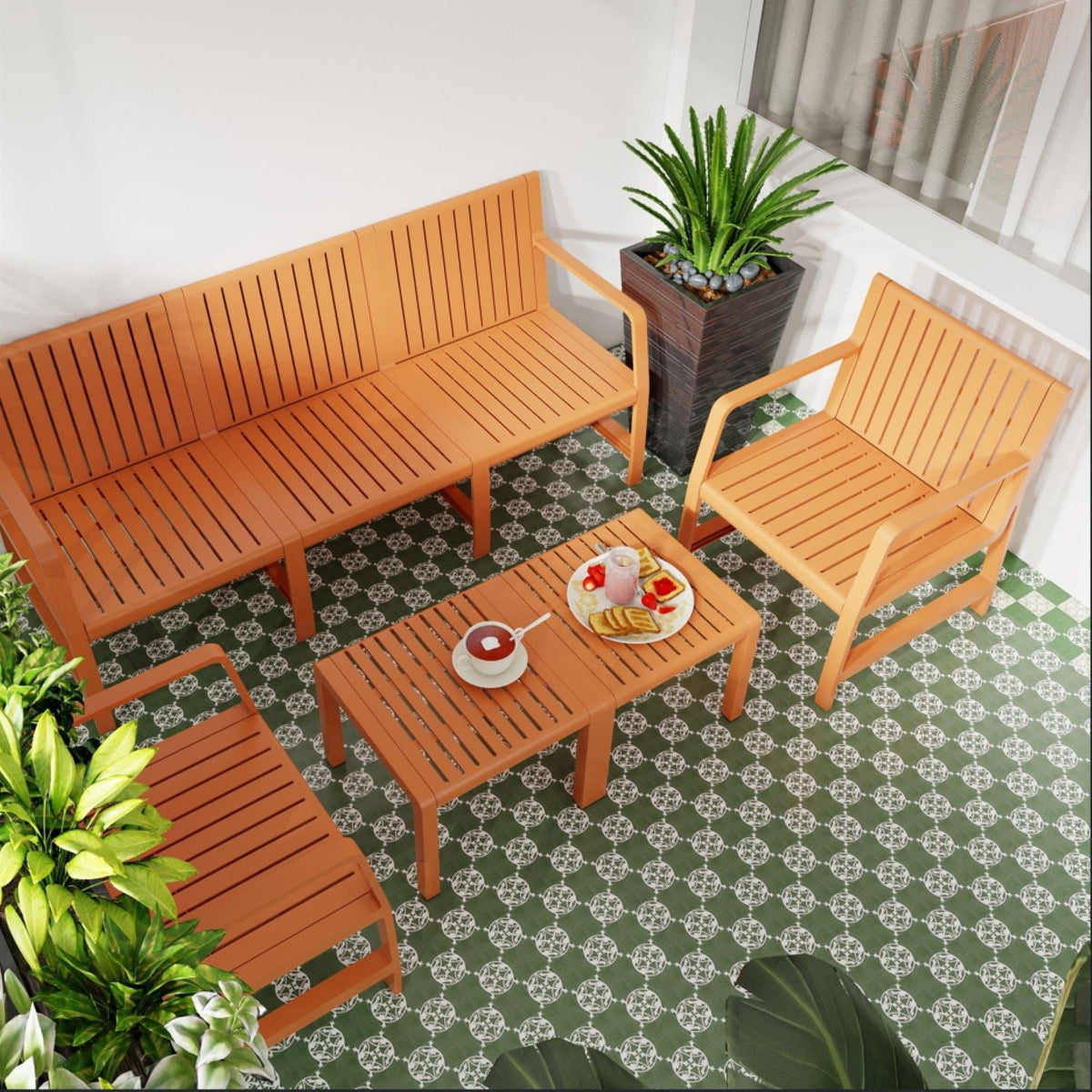 HouseOfZazla orange waterproof 2-piece outdoor patio sofa and chair set with slatted backs on Tampa Home & Garden Store