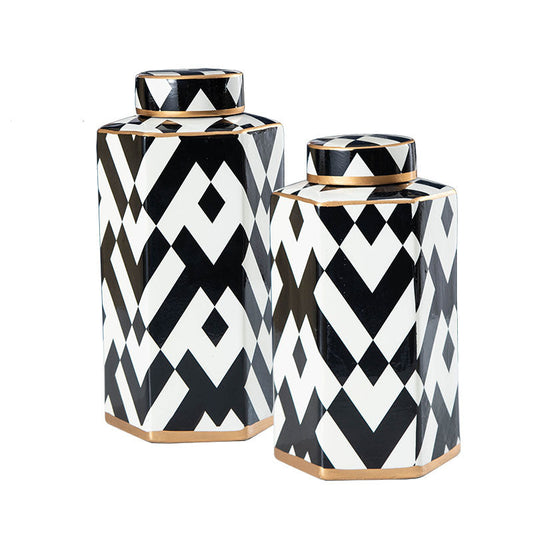 Geometric Black and White Striped Storage Jar Household Ceramic Candy Sealed Jar Vase Sundries Container Home Decoration - Tampa Home & Garden Store
