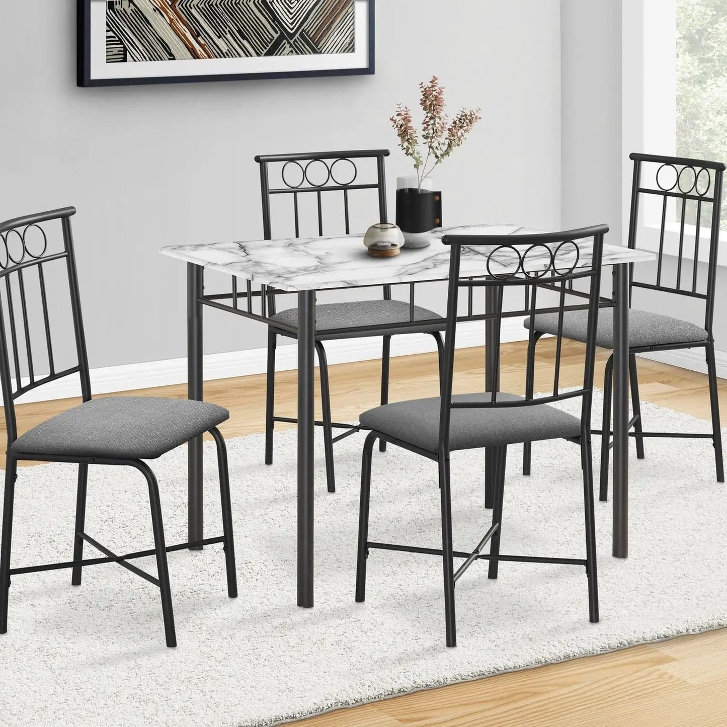 5-Piece Rectangular Dining Set with marble-look top and black metal frame; 4 gray chairs on Tampa Home & Garden Store