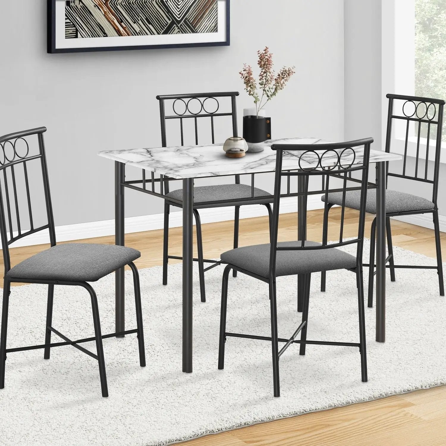 5-Piece Rectangular Dining Set with marble-look top and black metal frame; 4 gray chairs on Tampa Home & Garden Store