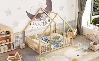 Wood house-shaped floor bed with fence and guardrails, toddler bed by Unique Piece Furniture on Tampa Home & Garden Store